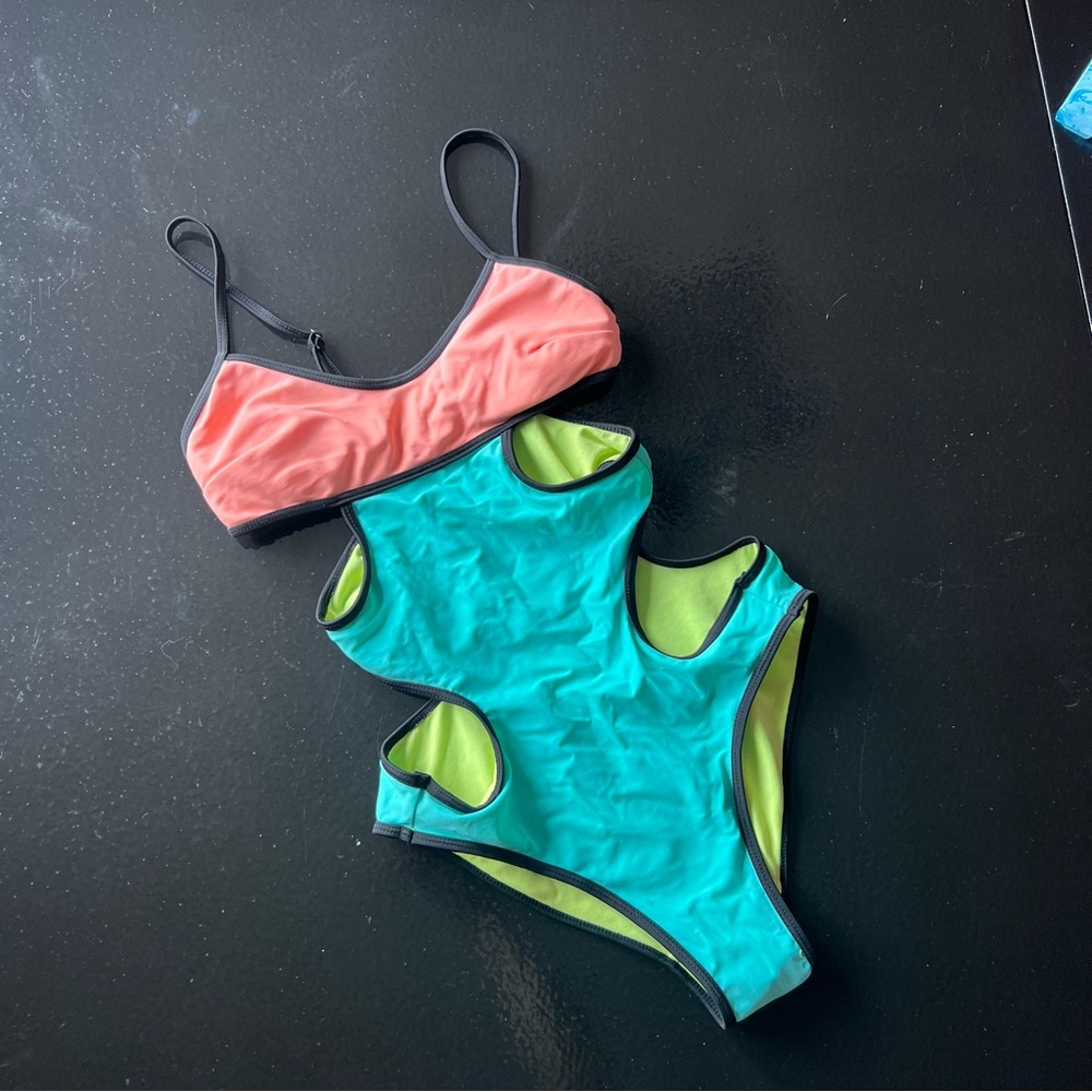 XS Colorful Neon Color Block Cutout One Piece Monokini Swimsuit